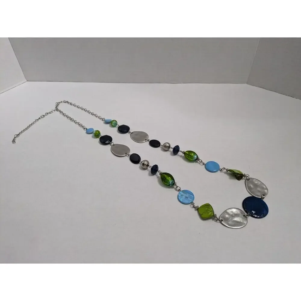Beaded Necklace flat Oval Disk Boho Ethnic Gemstone‎ Rock Silver Chain VTG Style